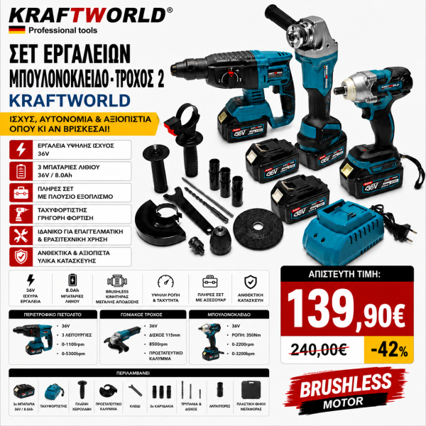 Τριπλή κασετίνα kraftworld περιλαμβάνει (μπουλονόκλειδο, τροχό 125MM και κρουστικό σκαπτικό SDS)