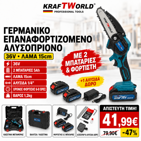 Γερμανικό επαναφορτιζόμενο αλυσοπρίονο kraftworld με 2 μπαταρίες 36 V 5ΑH  λάμα 15 cm