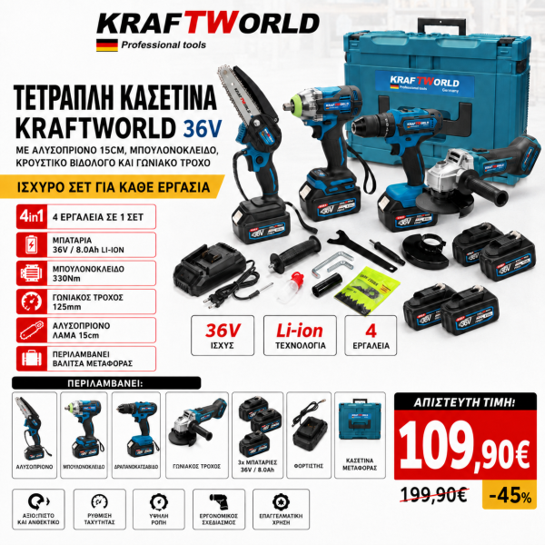 Τετραπλή κασετίνα kraftworld, με αλυσοπρίονο λάμας 15 CM , μπουλονόκλειδο, κρουστικό βιδολόγο και γωνιακό τροχό.