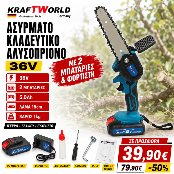 Kraft World Κλαδευτικό Αλυσοπρίονο Μπαταρίας 2x5Ah 36V 1kg με Λάμα 15cm