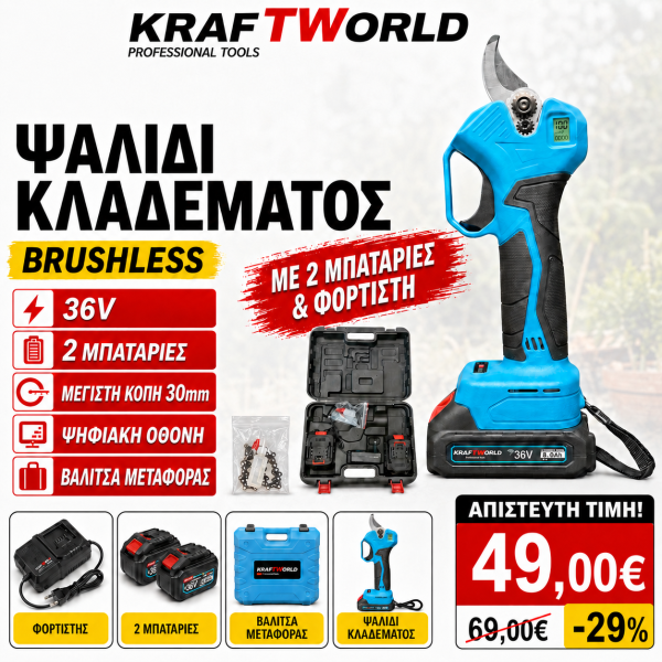 Kraftworld Ψαλίδι Κλαδέματος Brushless 36V με 2 Μπαταρίες & Μέγιστη Διάμετρο Κοπής 30mm σε Βαλιτσάκι Μεταφοράς