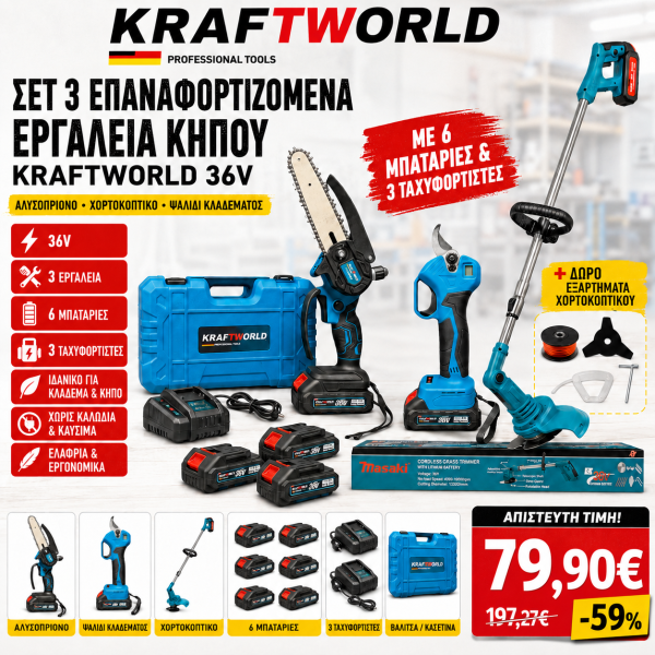 Σετ 3 Επαναφορτιζόμενα Εργαλεία Κήπου KRAFTWORLD 36V – Αλυσοπρίονο, Χορτοκοπτικό & Ψαλίδι Κλαδέματος | 6 Μπαταρίες + 3 Ταχυφορτιστές